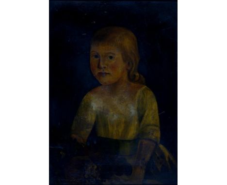 ENGLISH NAIVE ARTIST, 19TH C, PORTRAIT OF A CHILD WITH A BASKET OF FRUIT, OIL ON CANVAS, 50 X 34CM