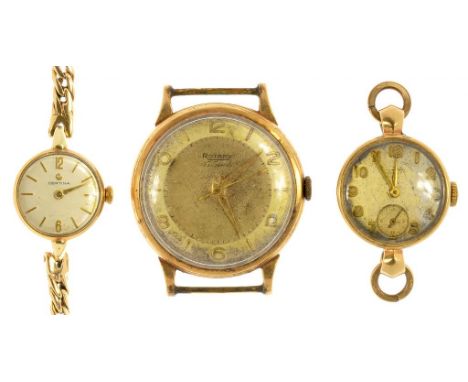A ROTARY 9CT GOLD GENTLEMAN'S WRISTWATCH, LONDON 1957 AND TWO GOLD LADY'S WRISTWATCHES