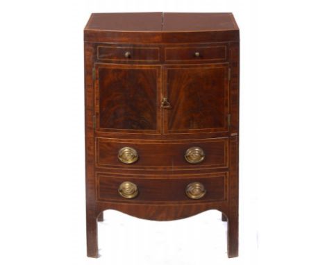 A GEORGE III BOW FRONTED MAHOGANY ENCLOSED WASH STAND crossbanded in rosewood and line inlaid, the interior with rising mirro