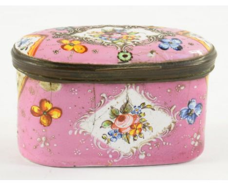 A CONTINENTAL ENAMEL BOX, PAINTED WITH FLOWER SPRAYS AND SINGLE FLOWERS, ON OR RESERVED ON A PINK GROUND, 7CM W, LATE 19TH / 