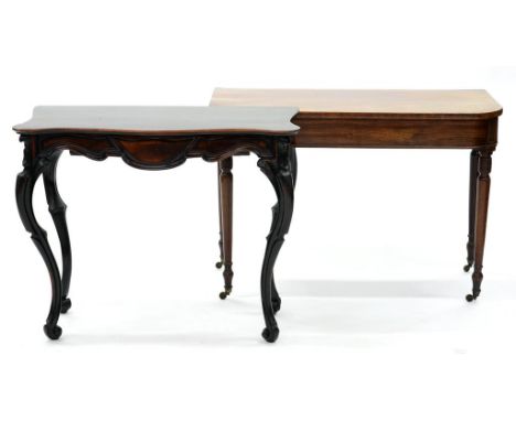 ONE END OF A GEORGE IV MAHOGANY DINING TABLE, ON RING TURNED LEGS, 104CM W AND A SERPENTINE ROSEWOOD TABLE, 19TH C