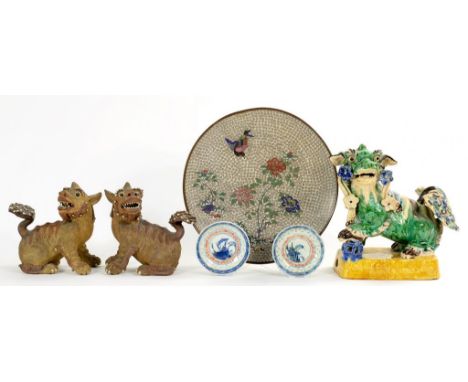 A PAIR OF CHINESE EARTHENWARE MODELS OF DOGS OF FO, 17CM H, A TILEWORKS TYPE SIMILAR MODEL, A CLOISONNÉ ENAMEL DISH AND A PAI