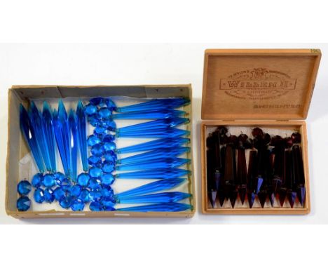 A SET OF 19TH C RUBY GLASS LUSTRE PENDANTS AND A LARGER SET OF UNUSUAL BLUE GLASS LUSTRE PENDANTS