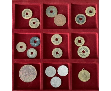 SMALL SELECTION OF VARIOUS SOUVENIR ODDS CHINESE COINS INCLUDING SOME SILVER
