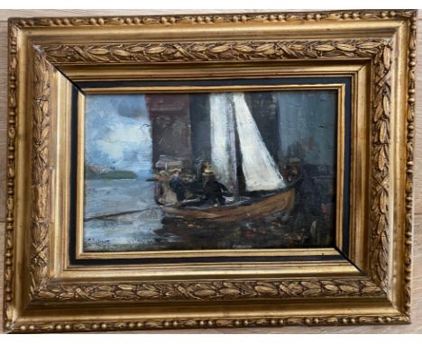Attributed to Walter Richard Sickert 1860-1942. British. Oil on panel. “Men in a Sailing Boat”. Signed lower left.Measures 15