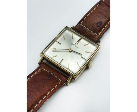 18 CARAT GOLD SQUARE FACED OMEGA GENTS VINTAGE WRISTWATCH  IN WORKING CONDITION