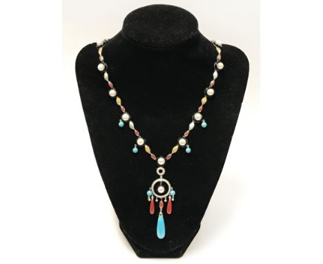 18CT WHITE GOLD PEARL, YELLOW SAPPHIRE, CORAL, TURQUOISE &amp; ONYX NECKLACE (STATEMENT PIECE, BRAND NEW)