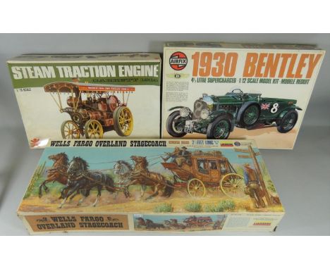 A boxed Lindberg 'Wells Fargo Overland Stagecoach' plastic model construction kit, No. 351, together with a Bandai Garrett 19