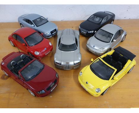 Die cast, scale 1:18, Audi Supersportwagen "Rosemeyr", Audi S5 x 2, Audi TT Roadster, VW new Beetle x 2, VW new Beetle conver