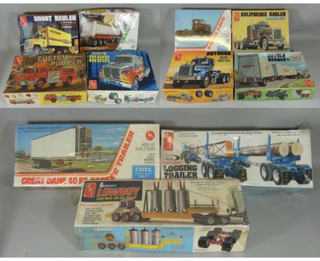 Eleven boxed model construction kits, to include AMT; California Hauler Peterbilt 359, Autocar A64B Tractor, Loadcraft Lowboy