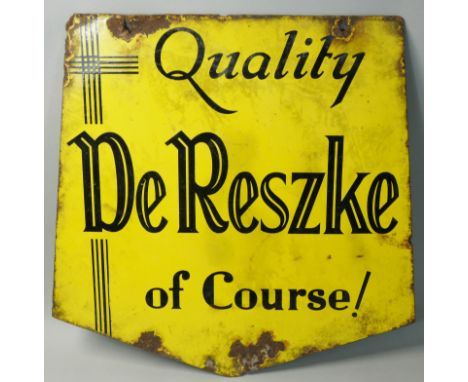A vitreous enamel double sided advertising sign, Quality DeReszke of course, Mines a Minor, 38 x 38 cm