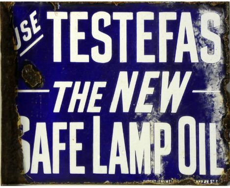 A vitreous enamel, double sided, wall mounted advertising sign, Use Testefas the new safe lamp oils, 28 x 32 cm. 