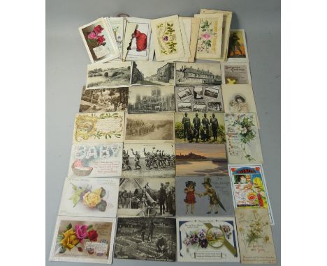 A collection of early postcards, to include photographic scenes including native police, the Black Watch returning to camp, a