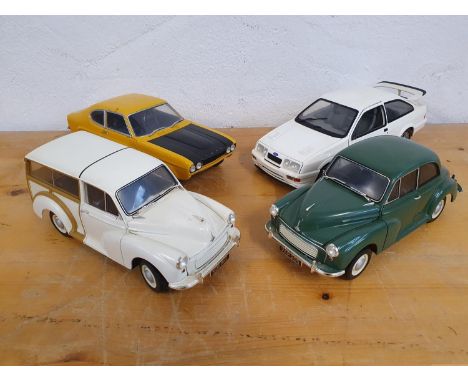 Die cast, scale 1:18, Ford Sierra RS Cosworth, Ford Capri Mk1, Morris Minor Traveller, Morris Minor Saloon, cases (4) 