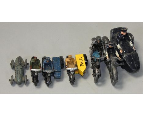 Seven tin plate and lead figures and vehicles, including a Johillco police motorcycle with sidecar and two Dinky Meccano moto