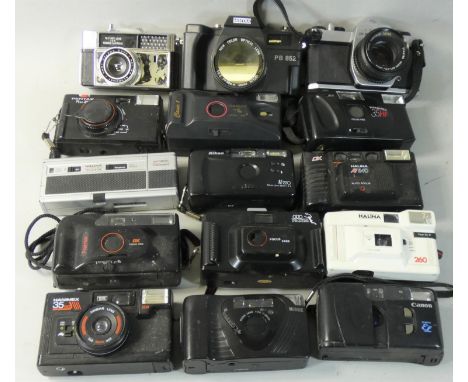 A box of assorted film cameras, mainly 35mm compact models, to include Pentax, Canon, Agta and others, plus a Pentax SP 1000 
