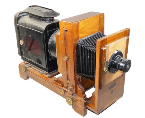 A late Victorian mahogany and tin lantern-type enlarger "The Record Enlarger", with iron bound wooden box, with BUTAL 6 inch 