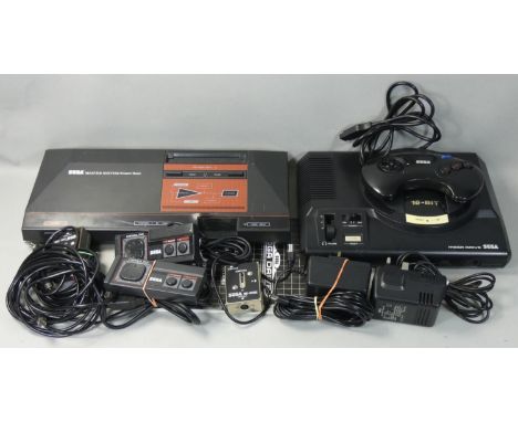 A Sega Megadrive game console, with power supply, controller and television lead, together with a Sega Master System I, with 