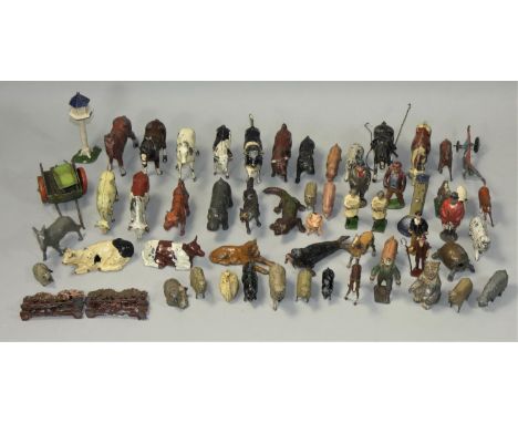 A quantity of lead and cast metal farmhouse animals and figures, to include Charbens Mimic Toys and Britain's (qty). 