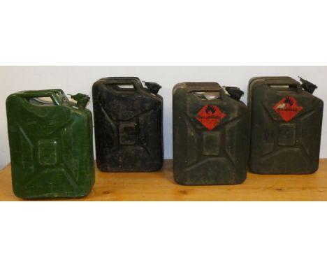 Three War Department 5 gallon fuel cans, broad arrow and stamped 1951, 1952, 1953, together with a 20L example. (4).