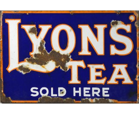 A vitreous enamel, double sided, wall mounted advertising sign, Lyons Tea sold here, 30 x 45 cm. 