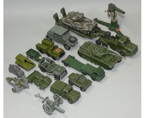 A collection of die-cast military model vehicles, to include Dinky; No. 641 Army 1-Ton Cargo Truck, No. 651 Centurion Tank, V