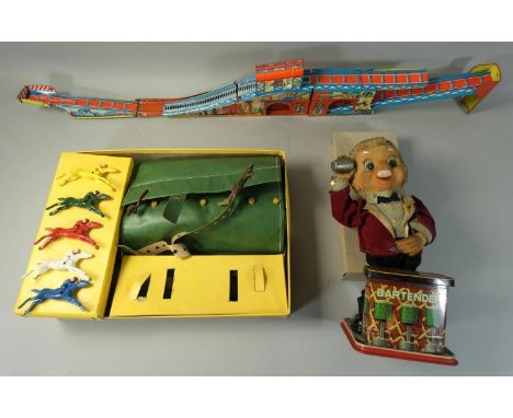 A boxed Chad Valley 'Escalado' action race game, together with a Japan made battery operated bartender and a German tinplate 