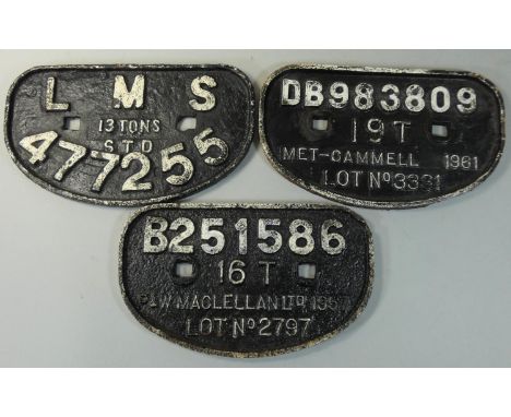 A group of three wagon plates, to include B251586 P&amp;W Maclellan Ltd 1957 Lot No. 2797, DB983809 19T Met-Cammell 1961 Lot 