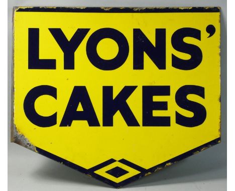 A vitreous enamel, double sided, wall mounted advertising sign, Lyons Cakes, 40 x 45 cm. 