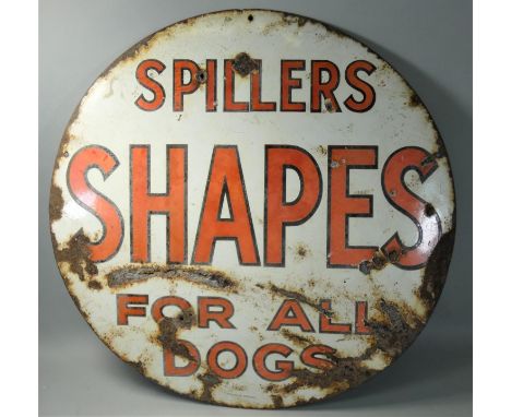A vitreous enamel, single sided, advertising sign, Spillers Shapes for all dog food, circular, 66 cm. 