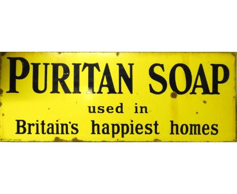 A vitreous enamel, single sided, wall mounted advertising sign, Puritan Soap used in Britain's Happiest Homes, 45.5 x 122cm.