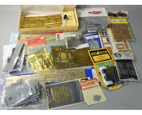 Two boxes of OO/HO scale plastic and brass model kits, to include a boxed Perseverance LNER/BR 50ft Clerestory Roof Brake 3rd