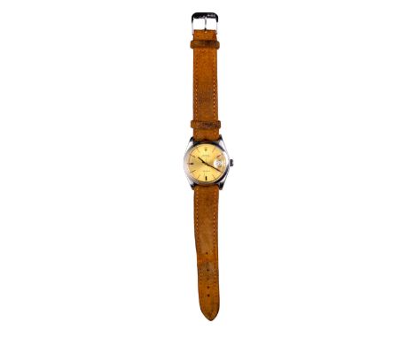 Rolex Swiss Circa 1980 An Oyster Datejust precision stainless steel wristwatch with gold coloured dial and sweep seconds hand