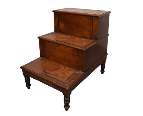 British Early 20th Century Embossed leather library steps With upper compartment and commode drawer  Dimensions: 26 in. (H) x