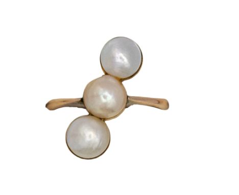 Continental Circa 1900 A three stone pearl and 14 carat rose coloured gold dress ring  Weight: Approx. 2.93 grams Ring size: 