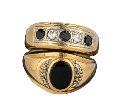 European Circa 1970 A sapphire, diamond and yellow metal five stone ring With an onyx diamond signet ring (ring size R)  Ring