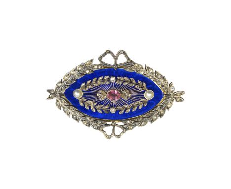 Feodor Lorie Russian Belle Epoque (Circa 1910) A diamond, pearl and pink sapphire plaque brooch The navette shaped brooch wit