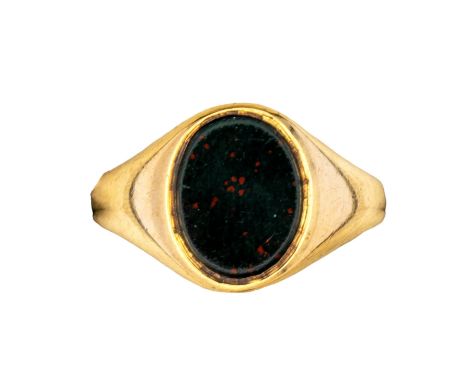 British Circa 1960 A 9 carat yellow gold and bloodstone signet ring  Ring size: M Weight: Approx. 2.88 grams  To be sold with