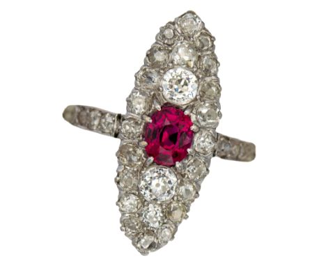 French Art Nouveau A fine ruby, platinum and diamond ring The navette shaped diamond cluster set to the centre with an unheat