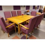 8 x Pink checked upholstered high backed chairs with easy push wheels, 3 x mobile wooden tables