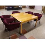 2 x Wooden mobile tables and 5 x upholstered tub style chairs
