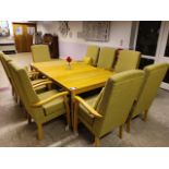 9 x Green upholstered high backed chairs with easy push wheels, 3 x mobile wooden tables