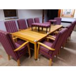 10 x purple striped upholstered high backed chairs with easy push wheels, 4 x mobile wooden table, 4