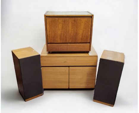 A Tapley 33 teak cupboard, long drawer over two doors; a Calinda vertical speaker; etc 