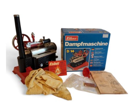 A Wilesco D14 Stationary horizontal live steam engine, card box with leaflet and filler and boxed solid fuel tablets 