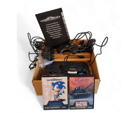 Retro Gaming - A Boxed Sega Mega Drive&nbsp;and two boxed games Sonic The Hedgehog, M-1 Abrams Battle Tank, console, two cont