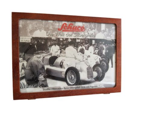 Schuco - Studio I Mercedes-Benz Sliver Arrow 1936, LE 1000, clockwork white Mercedes with pit crew figures, certificate, etc 