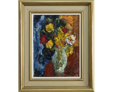 SIR WILLIAM MACTAGGART PRSA RA FRSE RSW (SCOTTISH 1903 - 1981),SOME FLOWERSoil on board, signed, titled label versoimage size