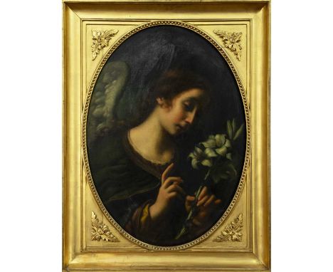 19TH CENTURY ITALIAN SCHOOL,ANGEL WITH A FLOWERoil on canvasimage size 72cm x 52cm (oval), overall size 86cm x 66cm Framed.Pr
