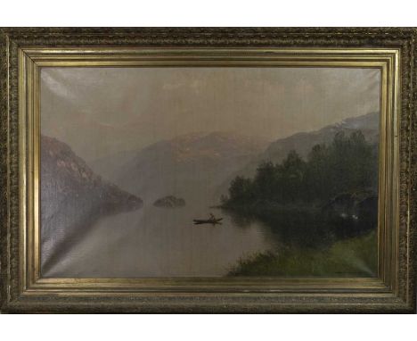 * LUDVIG SKRAMSTAD (NORWEGIAN 1855 - 1912),A MOUNTAIN LAKEoil on canvas, signed and dated 1894image size 94cm x 118cm, overal
